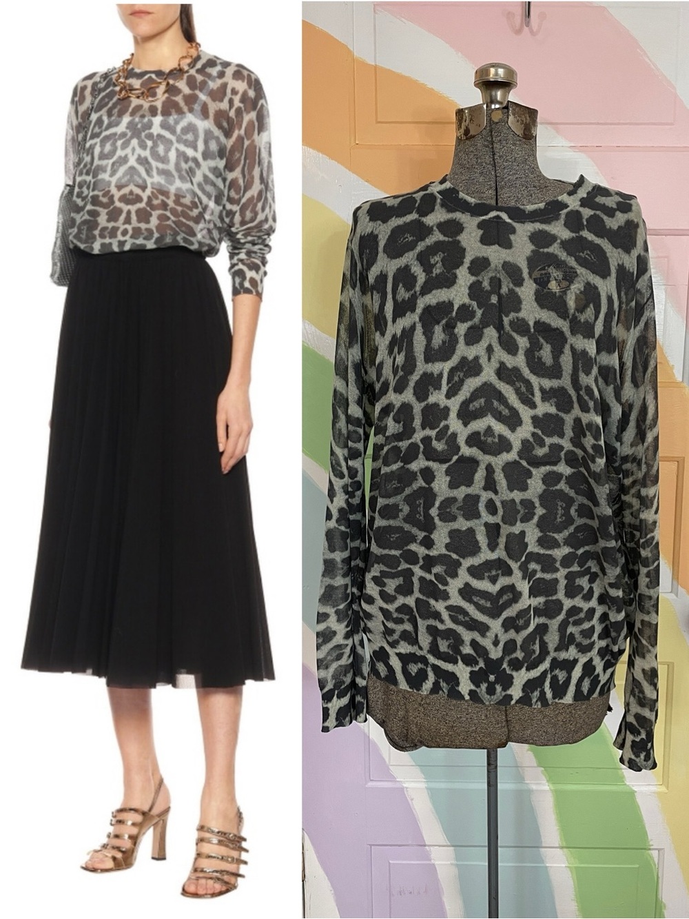 DRIES VAN NOTEN Leopard Semi Sheer Cotton Blend Sweater Blouse Sz M 💛🎀